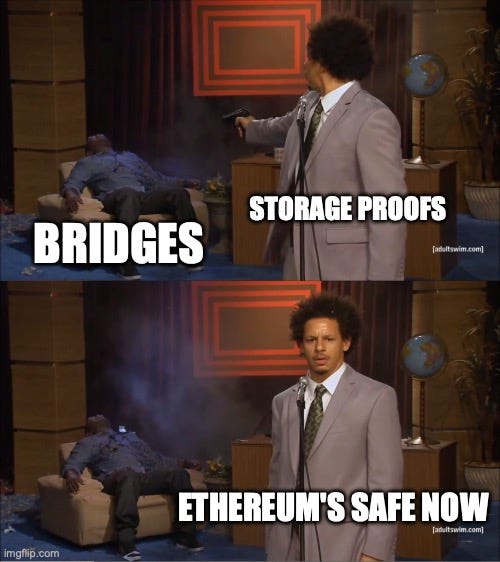 Who Killed Hannibal Meme | STORAGE PROOFS; BRIDGES; ETHEREUM'S SAFE NOW | image tagged in memes,who killed hannibal | made w/ Imgflip meme maker