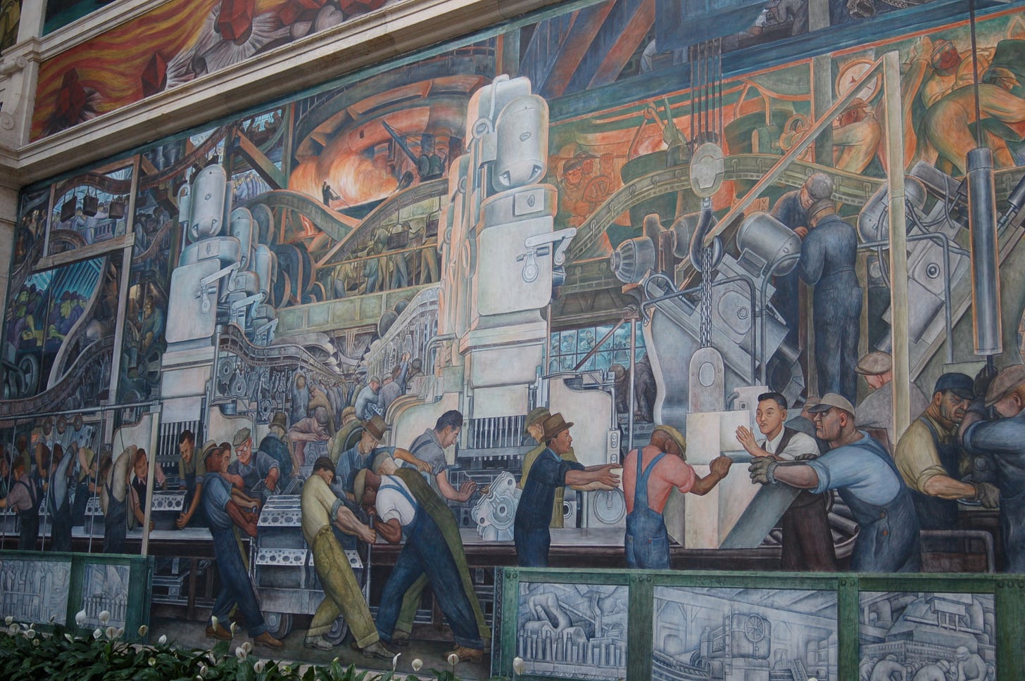 Diego Rivera's Detroit Industry murals at the Detroit Institute of Arts, showing automobile factory workers and machinery Diego Rivera's Detroit Industry murals at the Detroit Institute of Arts, showing automobile factory workers and machinery