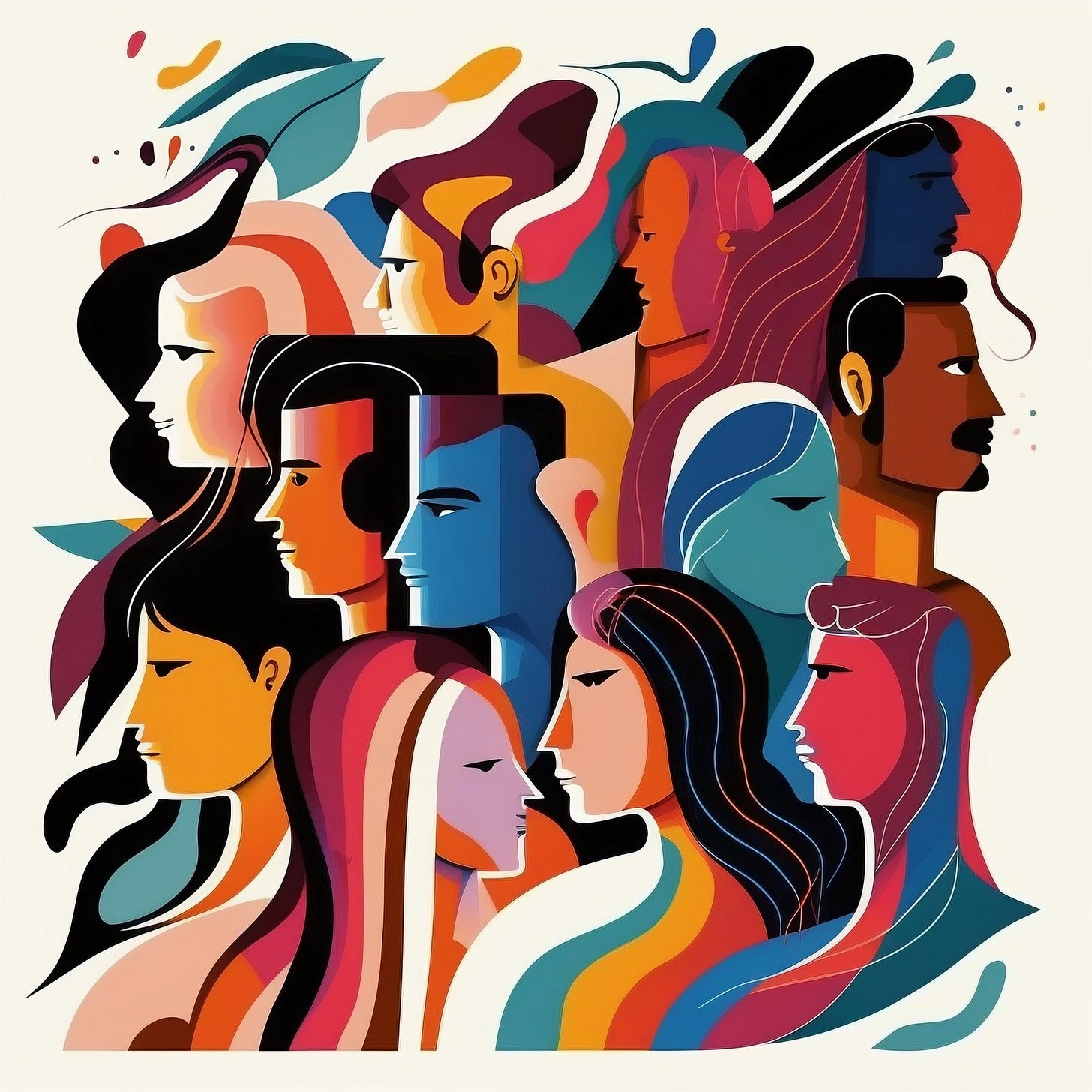 A vibrant, stylized graphic illustration featuring an overlapping mosaic of diverse human faces in profile. The figures display a wide range of skin tones, hair textures, and features—rendered in a bold color palette of teals, deep blues, warm oranges, reds, and yellows with clean, flowing lines reminiscent of modern cubism.
