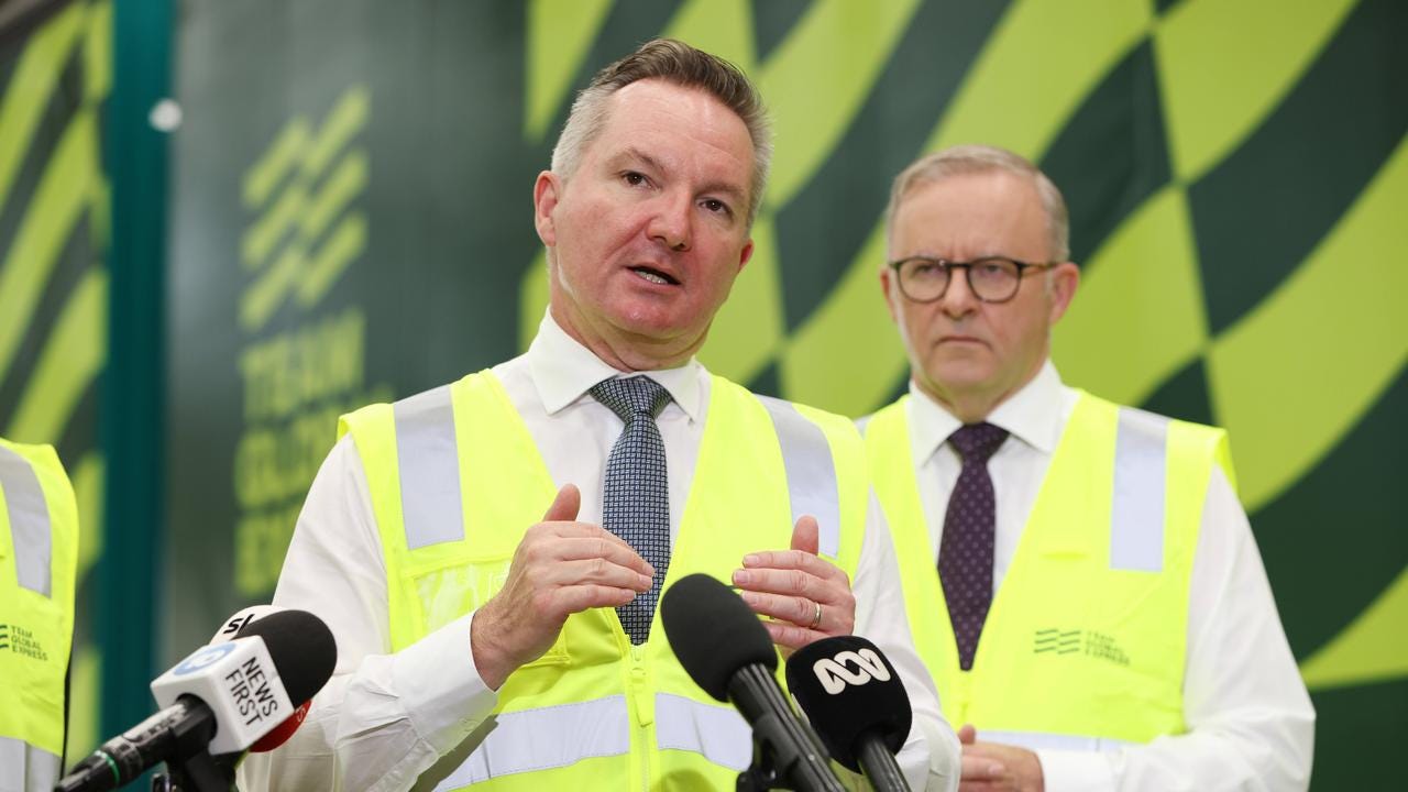 Chris Bowen speaking at the official launch of the Team Global Express Battery Electric Vehicle fleet. Eastern Creek. Picture: NCA NewsWire / Damian Shaw Chris Bowen speaking at the official launch of the Team Global Express Battery Electric Vehicle fleet. Eastern Creek. Picture: NCA NewsWire / Damian Shaw