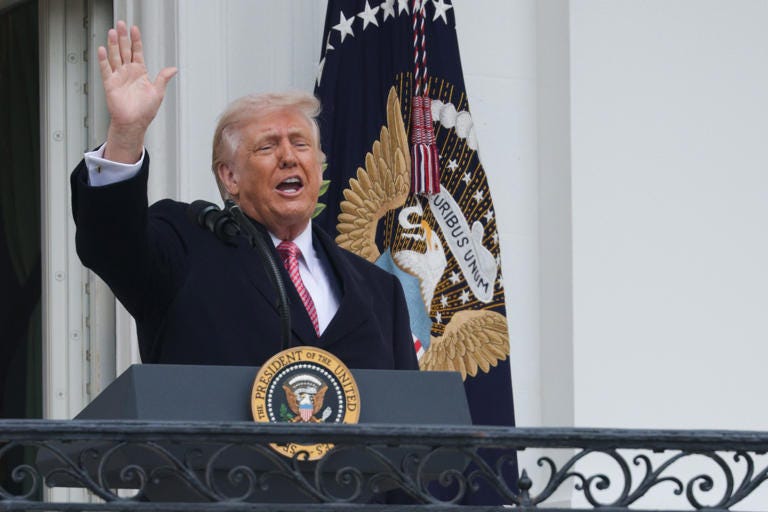 President Donald Trump waves as he departs after speaking from the Truman balcony during an event with farmers on the South Lawn of the White House on March 27, 2026 in Washington, DC.