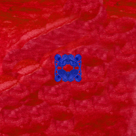 An animated loop on a flat red inky background. A round blue shape that looks like a strange snowflake shrinks and expands rhythmically, each subsequent size shift staying on screen to create a continuous vortex, and then disappearing.