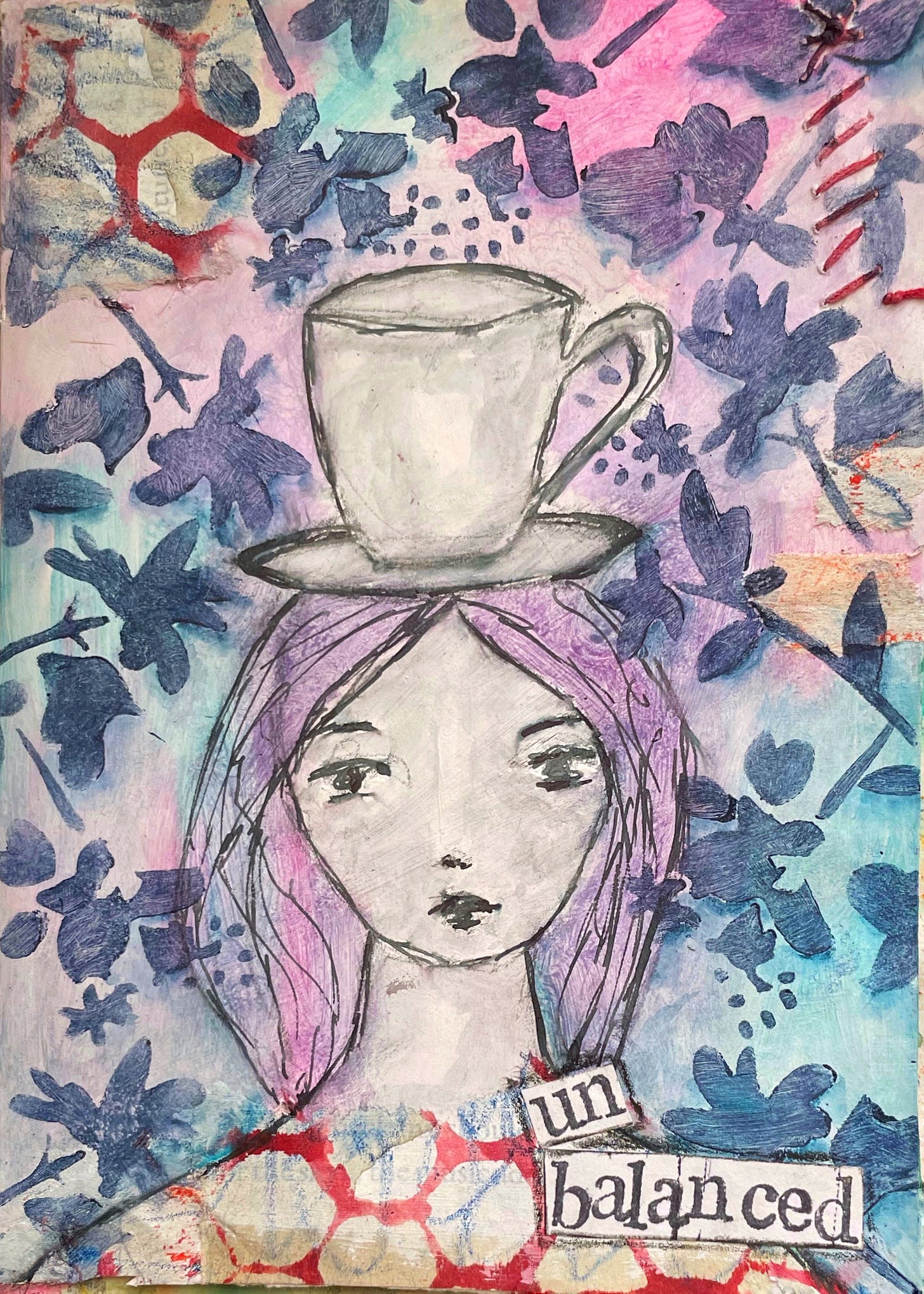 Mixed media painting of a woman with a teacup balanced on her head. Text reads ub-balanced