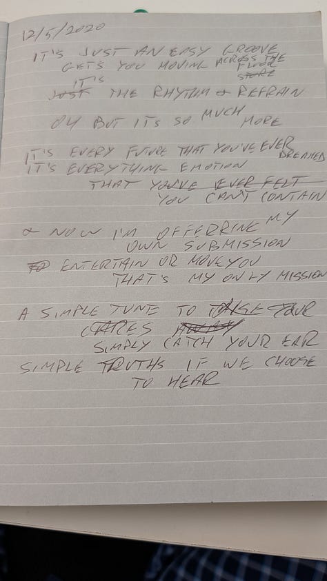 Images of my songwriting journal with the lyrics for my song, Do You Remember What The Music's For