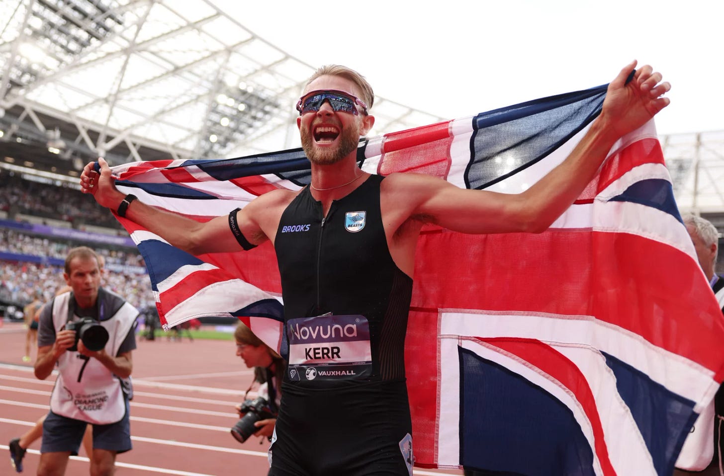 Josh Kerr of Team Great Britain celebrates after winning the 1 Mile Men's Final and setting a new World Record during the Novuna London Athletics Meet, part of the 2026 Wanda Diamond League, at London Stadium on July 18, 2026 in London, England. Harry Murphy/Getty Images Josh Kerr of Team Great Britain celebrates after winning the 1 Mile Men's Final and setting a new World Record during the Novuna London Athletics Meet, part of the 2026 Wanda Diamond League, at London Stadium on July 18, 2026 in London, England. Harry Murphy/Getty Images