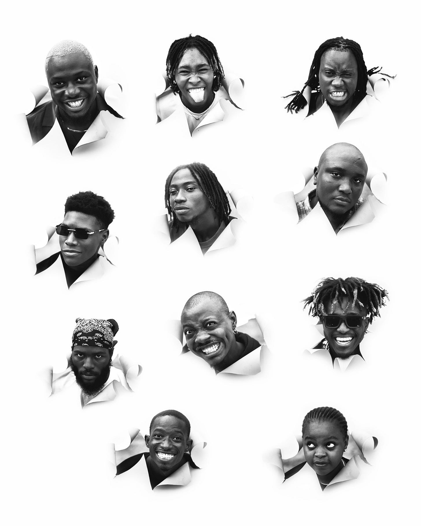 Black and white collage of eleven faces bursting through torn white paper