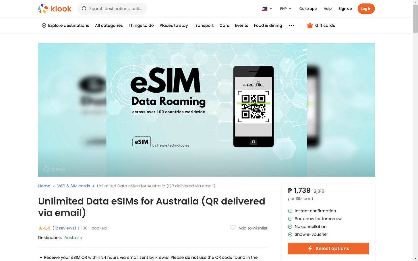 A screenshot of the Klook website showing the eSIM product "Unlimited Data eSIMs for Australia (QR delivered via email)" with a product rating of 4.4 and more than 100 purchases. Also shown are the description and purchasing details