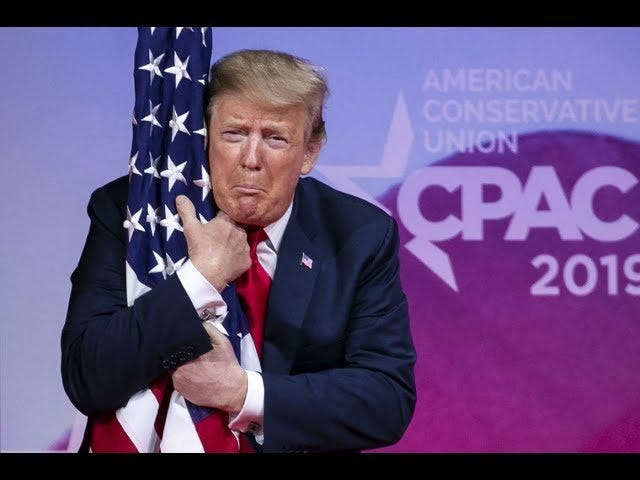 Trump Hugs American Flag at CPAC - YouTube