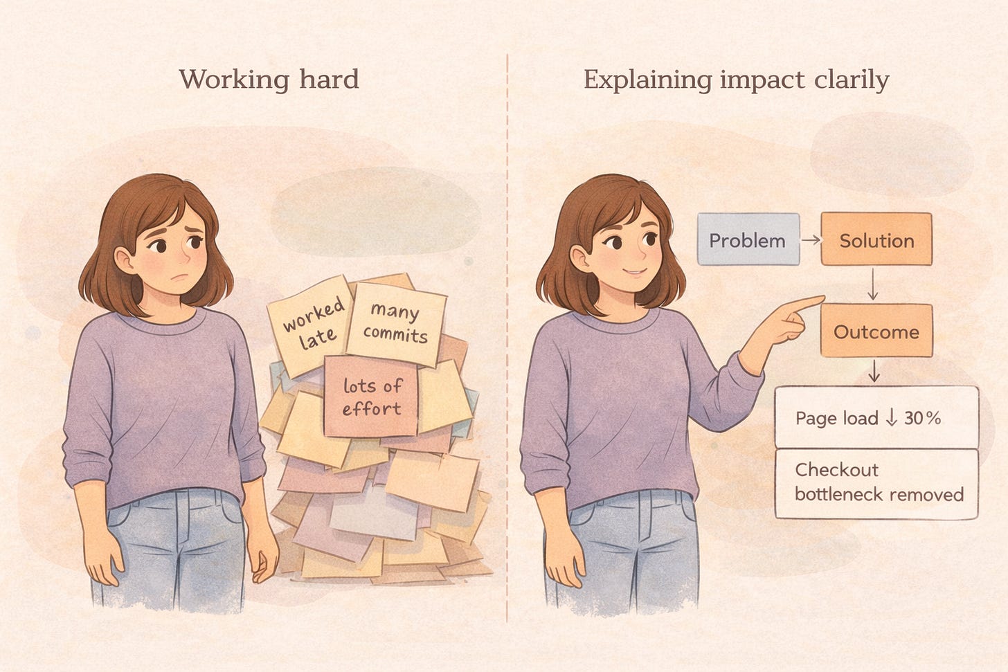 Side-by-side illustration showing the difference between working hard and explaining impact clearly. On the left, a developer stands beside a pile of sticky notes labeled “worked late,” “many commits,” and “lots of effort.” On the right, she points to a clear flow diagram showing problem, solution, and outcome with measurable results. Side-by-side illustration showing the difference between working hard and explaining impact clearly. On the left, a developer stands beside a pile of sticky notes labeled “worked late,” “many commits,” and “lots of effort.” On the right, she points to a clear flow diagram showing problem, solution, and outcome with measurable results.