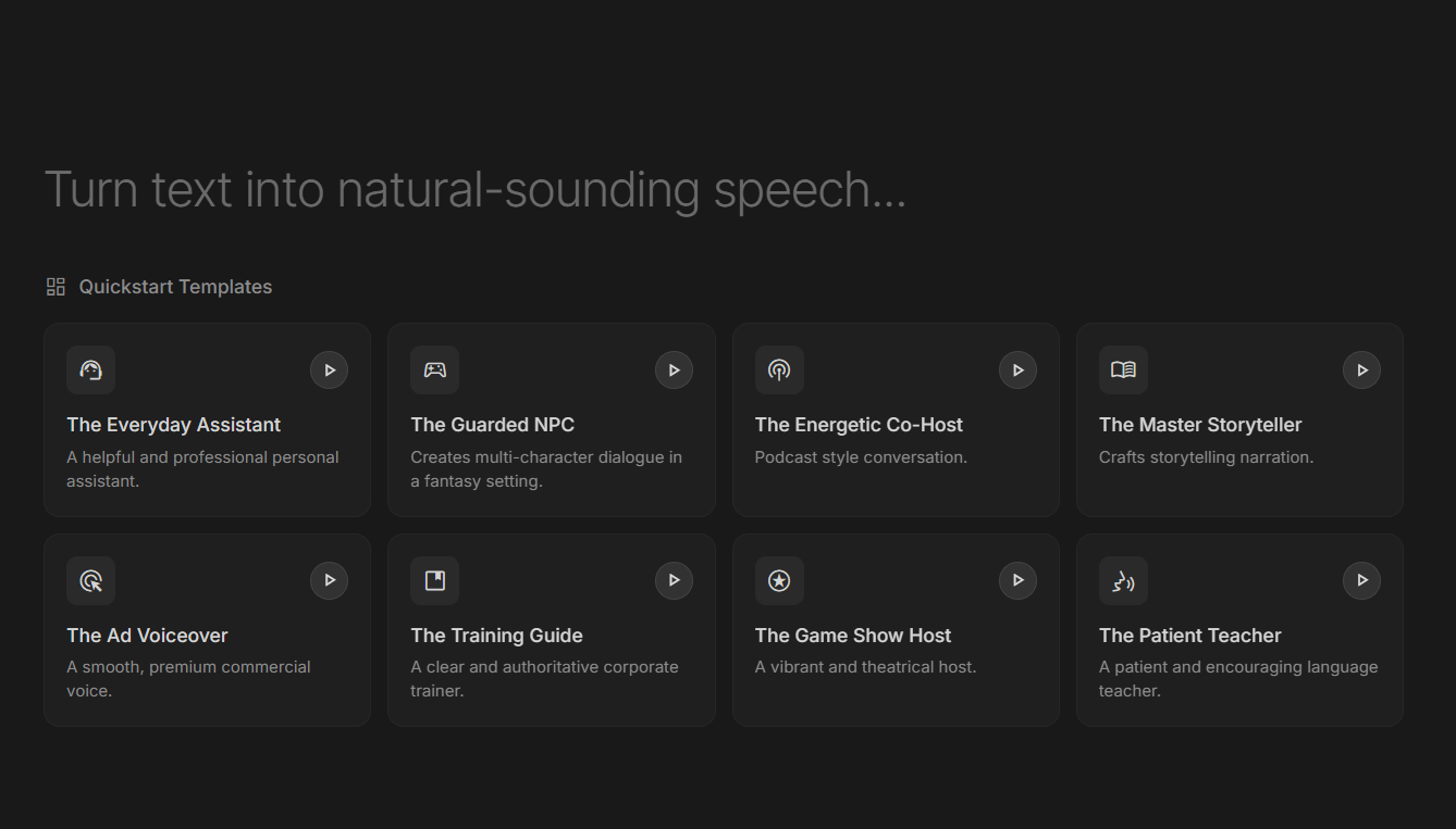 Скриншот шаблонов озвучки в Google AI Studio с пресетами The Energetic Co-Host, The Ad Voiceover, The Training Guide и ссылкой Turn text into natural-sounding speech