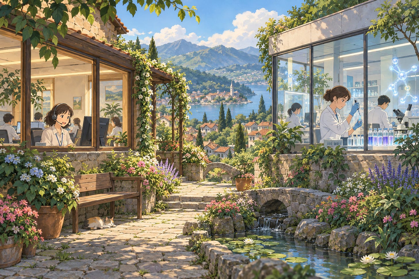A communications office and biotech laboratory share a flourishing garden in a hand-painted illustration.