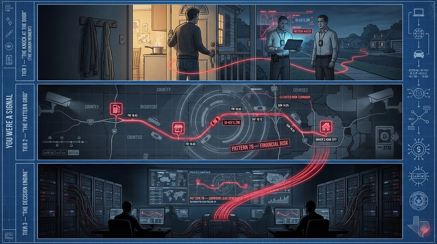 Wide, three-panel graphic-novel illustration in blue tones with red data lines. Top panel: A person opens their front door at dusk, leaving a pot boiling on the stove behind them, while two plain-clothes investigators with badges stand on the porch. One holds a glowing tablet that shows a map and the words “Pattern Match,” and a neon-red data line snakes from the street to the doorway. Middle panel: A stylized map shows the person’s car route past a gas station and small town, with timestamps and license plate number highlighted in red and labeled “Pattern 7B – Financial Risk.” Bottom panel: In a dark server room, analysts sit at computer stations facing a huge wall of screens. Red data cables run from racks of servers into a central console, where the same route is displayed and tagged “Pattern 7B — Corridor Lead Generated,” showing how a normal trip becomes an intelligence lead. Wide, three-panel graphic-novel illustration in blue tones with red data lines. Top panel: A person opens their front door at dusk, leaving a pot boiling on the stove behind them, while two plain-clothes investigators with badges stand on the porch. One holds a glowing tablet that shows a map and the words “Pattern Match,” and a neon-red data line snakes from the street to the doorway. Middle panel: A stylized map shows the person’s car route past a gas station and small town, with timestamps and license plate number highlighted in red and labeled “Pattern 7B – Financial Risk.” Bottom panel: In a dark server room, analysts sit at computer stations facing a huge wall of screens. Red data cables run from racks of servers into a central console, where the same route is displayed and tagged “Pattern 7B — Corridor Lead Generated,” showing how a normal trip becomes an intelligence lead.