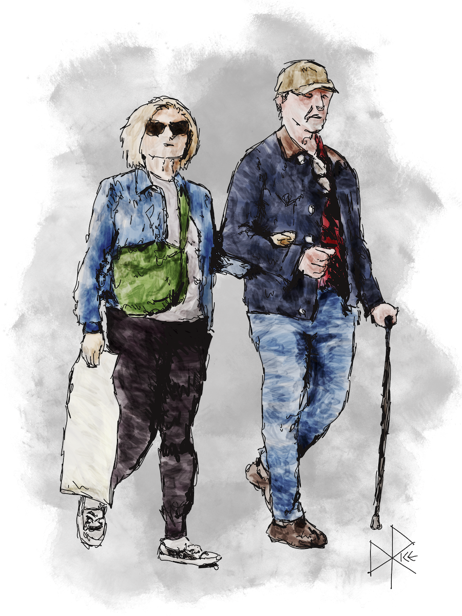 An older couple, out shopping. They are dressed casually in jean jackets and pants. They have hooked their free arms together. Sketch art by Don Rice.