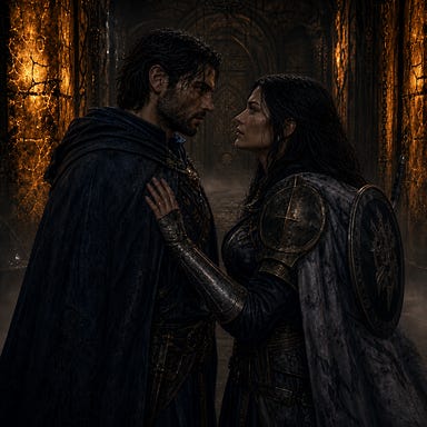 Fleetwood and Clarion reunion in the Amber Temple, using their defined visual palettes: Fleetwood with angular storm-worn features, storm-steel eyes, dark tousled hair, short beard, charcoal and storm-blue cloak; Clarion with black hair (no white streak), cleric armor, steady determined gaze. They stand close in the dim amber-lit corridor, Clarion’s hand resting over Fleetwood’s chest, emotionally charged but non-romantic, Barovian Gothic atmosphere, glowing amber walls, cold mist, stylized fantasy.