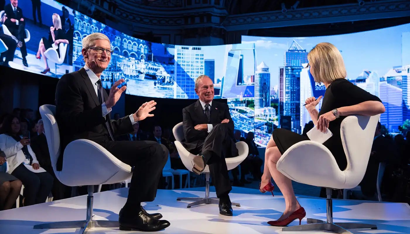 Tim Cook con Mike Bloomberg y Megan Murphy en 2017. Tim Cook con Mike Bloomberg y Megan Murphy en 2017.