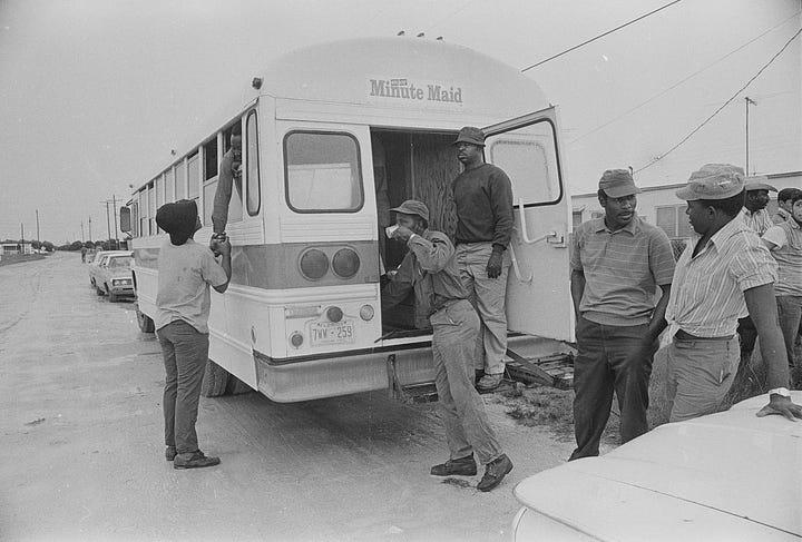 Minute Maid workers organize with the support of Mack Lyons from the United Farm Workers (UFW). Lyons is the man in the second and fourth photo, wearing a short-sleeved shirt and holding a file. Florida, 1972. Photos by John Kouns. © Tom and Ethel Bradley Center