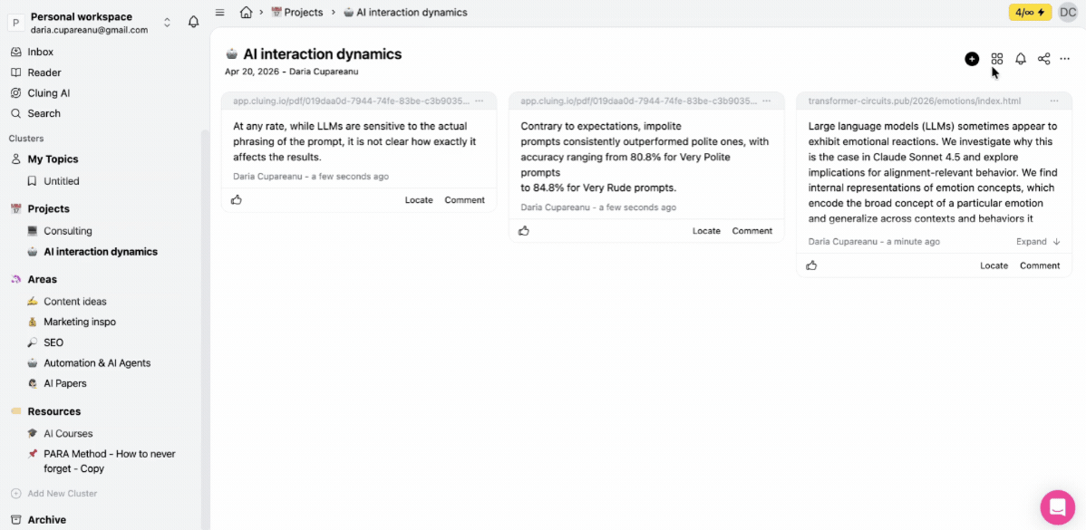 Gif from Cluing dashboard showing how links to external sources are added into a research project to collect and organize reference material