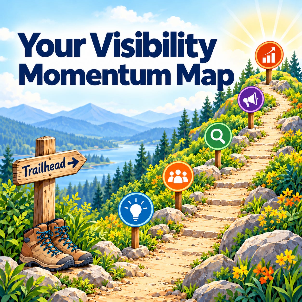 Visibility Momentum Map showing five areas that affect online visibility: Value Clarity, Audience Questions, Expertise Evidence, Next Step, and Ongoing Connection Visibility Momentum Map showing five areas that affect online visibility: Value Clarity, Audience Questions, Expertise Evidence, Next Step, and Ongoing Connection