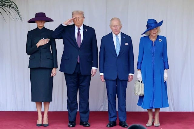 Melania Trump, a slauting Dinald Trump and King Charles and Camilla wearing suits and samrt dresses at the start of the US state visit