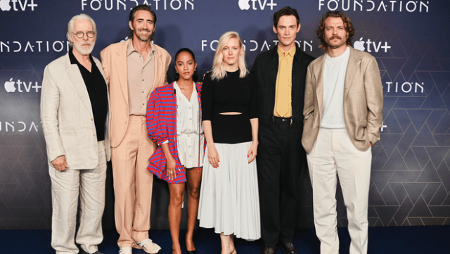 Terrence Mann, Lee Pace, Lou Llobell, Laura Birn, Cassian Bilton and Pilou Asbæk pose for a photocall for “Foundation” season three, premiering on Apple TV+ on July 11, 2025.