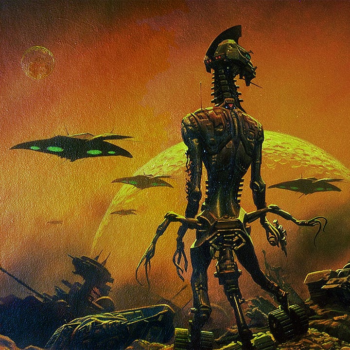 LEFT: Figure detail from ARMAGEDDON featuring a tall robot surveying the battle field. The fin on its head defines its line of sight right as it follows the airships. Its muzzle, reminiscent of a llama, is set on a long broad neck with square serrations projecting from the sides and back. Its broad shoulders and long torso rests on a tripod of squat legs, each set on an independent motorized tread. The sinuous fingers of one hand grip a blaster pistol, while an additional pairs of arms project from its waist with similar tendril-like digits.  RIGHT: Background detail from ARMAGEDDON featuring a ruined tank as a trio of ships fly overhead. The corner of the tread is smashed in immobilizing it with its turret angled upward. The barrel is broken off neutralizing it.