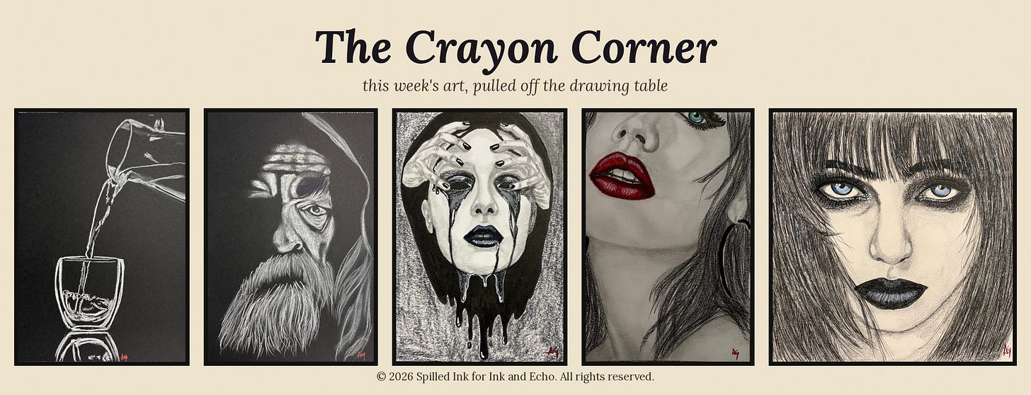 Collage of five pencil, charcoal and ink portraits and a pouring glass, titled The Crayon Corner. Image created by Alexandra Grant.