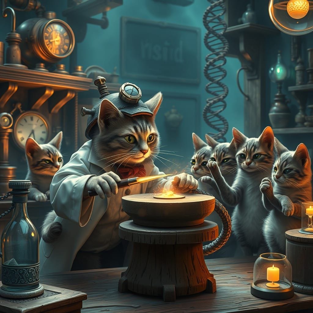 Cat scientist sharpening his Propeller head with students studying DNA. Cat needs to have a propeller head hat. Add a gr... Cat scientist sharpening his Propeller head with students studying DNA. Cat needs to have a propeller head hat. Add a gr...