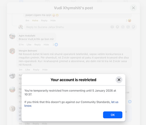 Screenshots showing Facebook enforcement actions taken against the account of Vudi Xhymshiti, including an appeal notice, temporary commenting restrictions, and blocked interaction following automated moderation decisions in late December 2025.