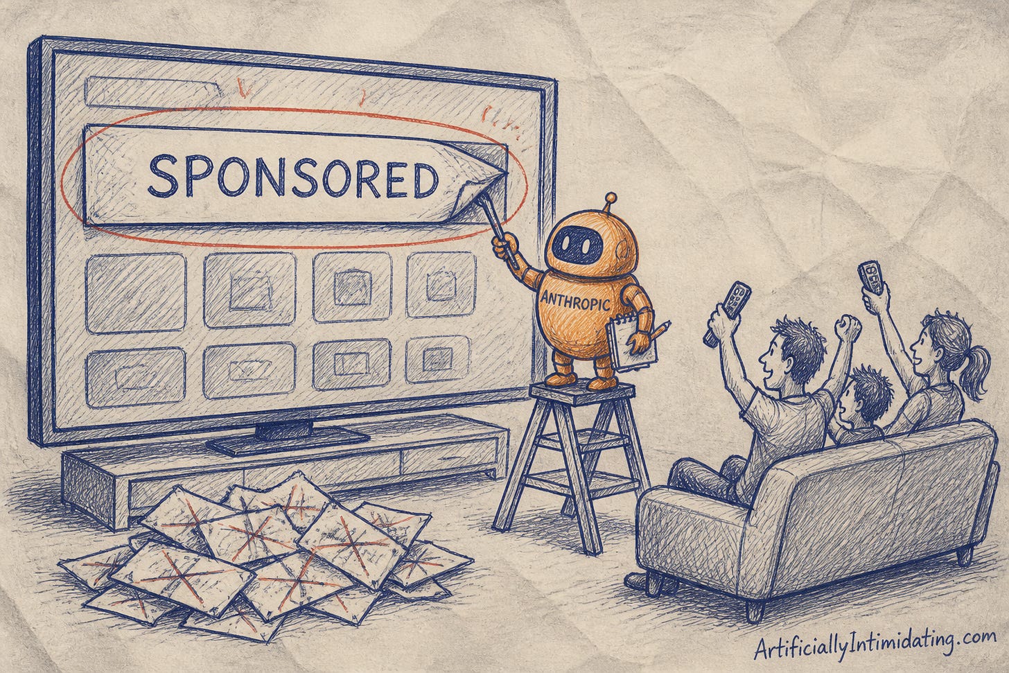 A rust-orange Anthropic bot on a stepladder peels a SPONSORED banner off a giant TV screen with a tiny crowbar, while a family on the couch cheers with remotes and crossed-out ad boxes pile up on the floor. A rust-orange Anthropic bot on a stepladder peels a SPONSORED banner off a giant TV screen with a tiny crowbar, while a family on the couch cheers with remotes and crossed-out ad boxes pile up on the floor.