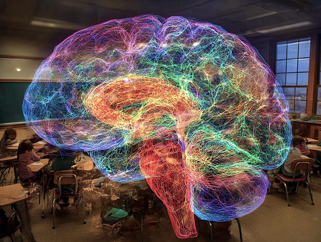 A glowing, multicolored brain overlay fills a classroom scene with students working at their desks. The image represents how teacher focus and student behavior interact to shape neural development and learning habits. Illustration of a glowing brain overlay in a classroom, symbolizing how teacher focus shapes student behavior and learning. A glowing, multicolored brain overlay fills a classroom scene with students working at their desks. The image represents how teacher focus and student behavior interact to shape neural development and learning habits. Illustration of a glowing brain overlay in a classroom, symbolizing how teacher focus shapes student behavior and learning.
