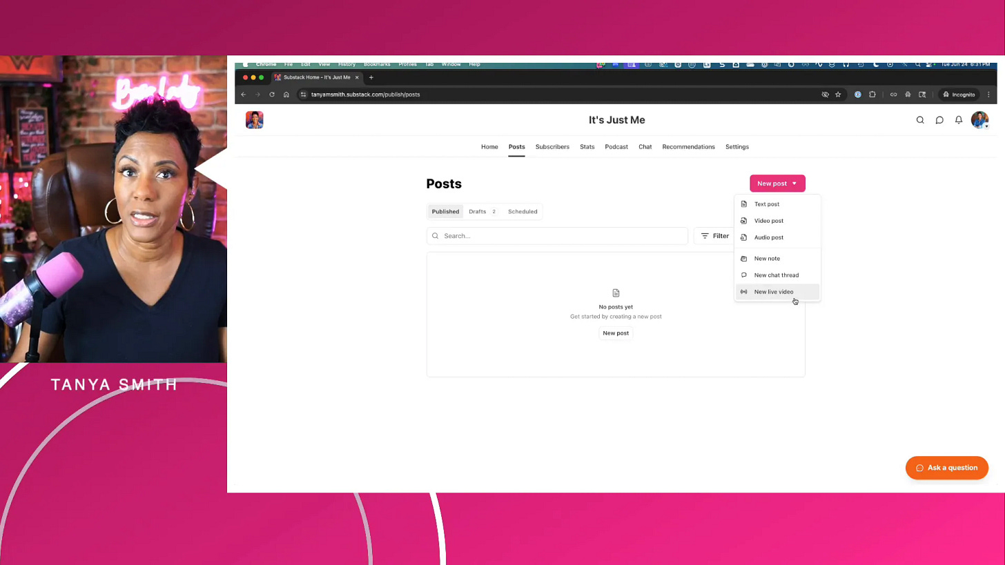 Substack desktop dashboard with new live video option