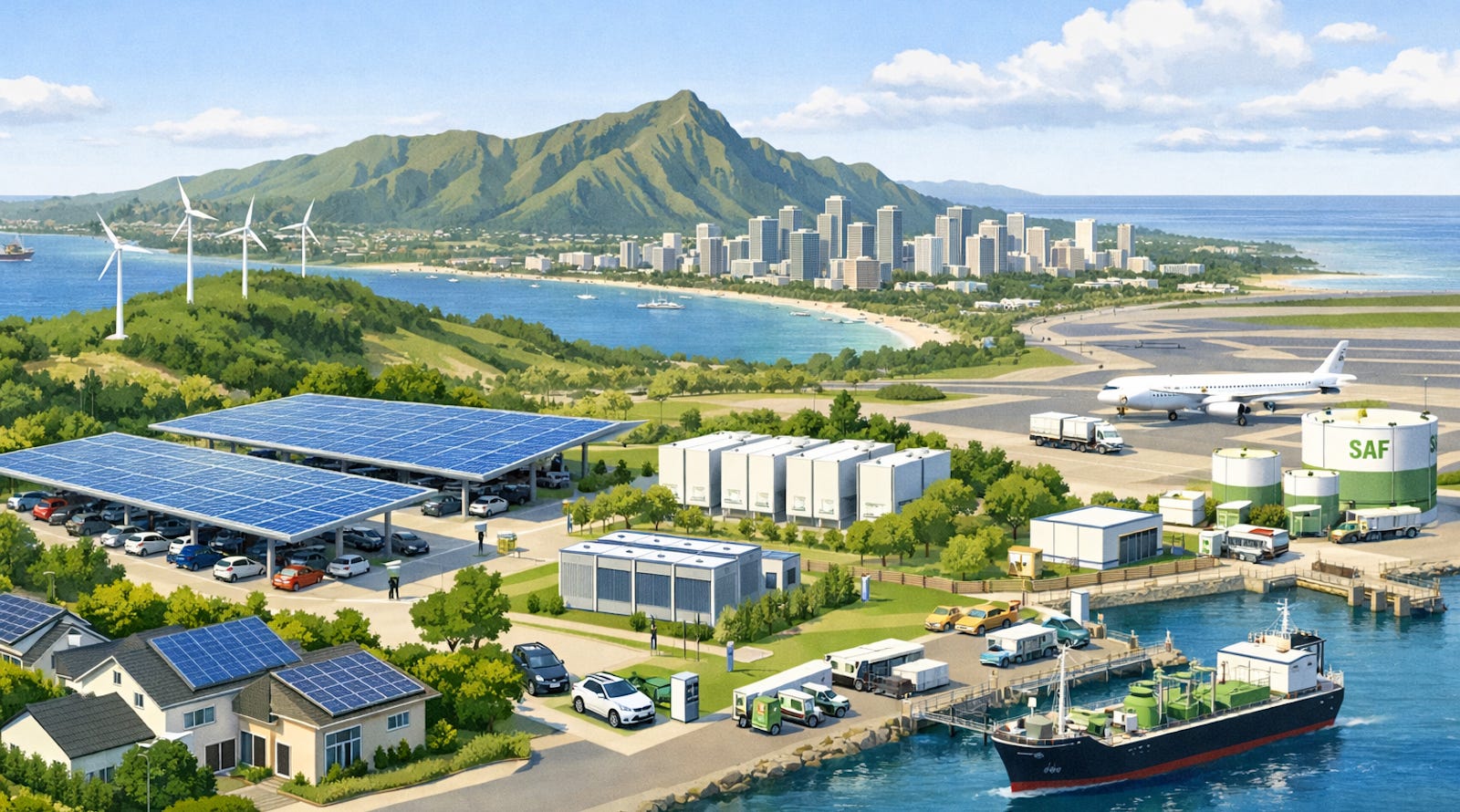 Oʻahu clean-energy roadmap with solar, batteries, grid infrastructure, and electrified transport.
