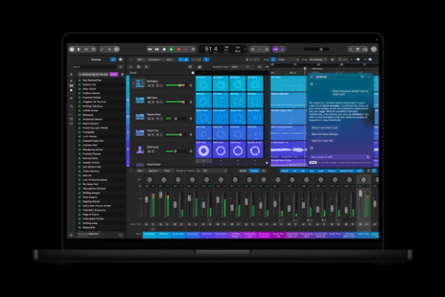 Logic Pro for Mac and iPad gets an all-new design featuring Liquid Glass, with translucent surfaces and deeper contrast that highlight waveforms and tracks.