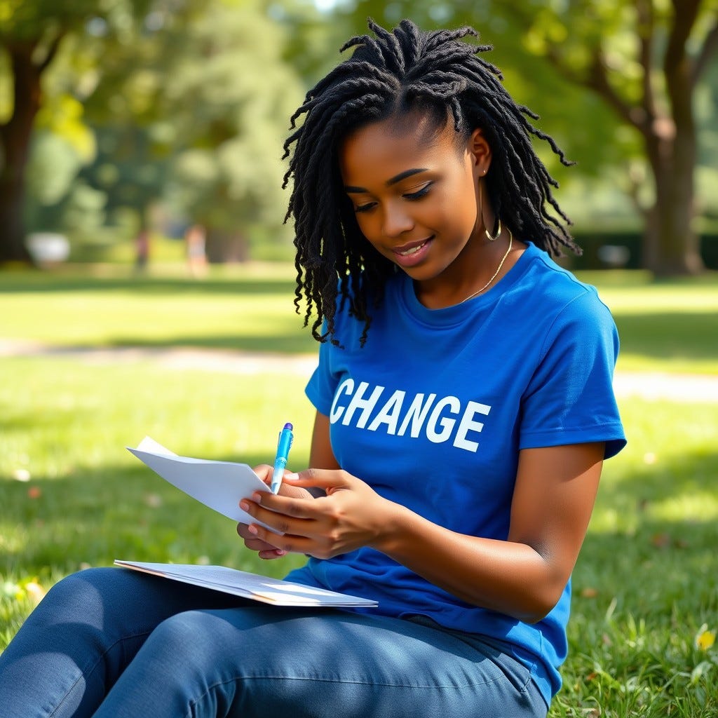 Young, youthful African American Woman wearing a bllue tshirt that says change with all black hair writing a letter in the summertime in the park writing a letter