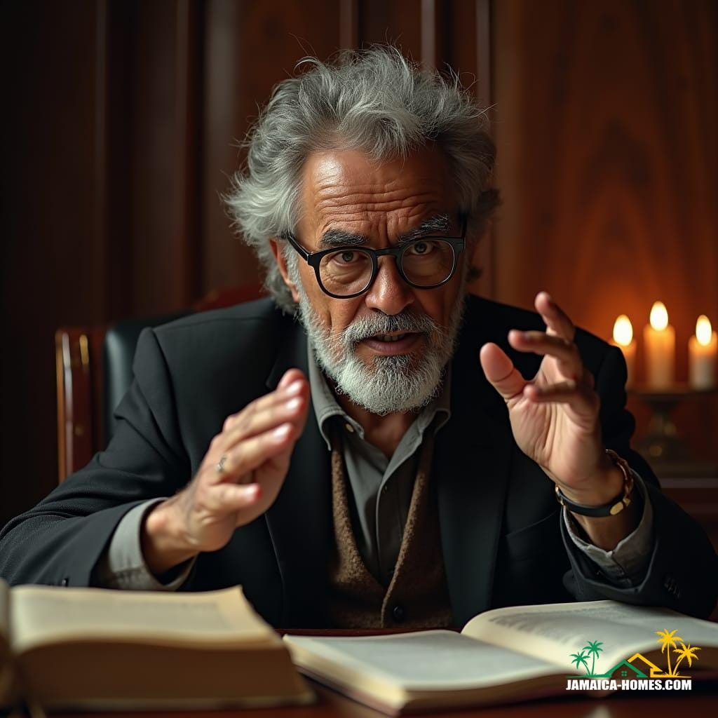 Aged, bespectacled Jamaican lawyer with wispy grey hair and a bushy beard, set against a rich, mahogany wood-paneled background, surrounded by dusty tomes and flickering candles, intently explains the intricacies of legal theory, his hands gesturing emphatically as his eyes twinkle with wisdom.