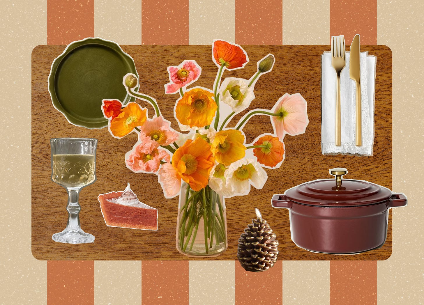 A collage with an autumnal floral bouquet at the center and products for a fall tablescape surrounding it