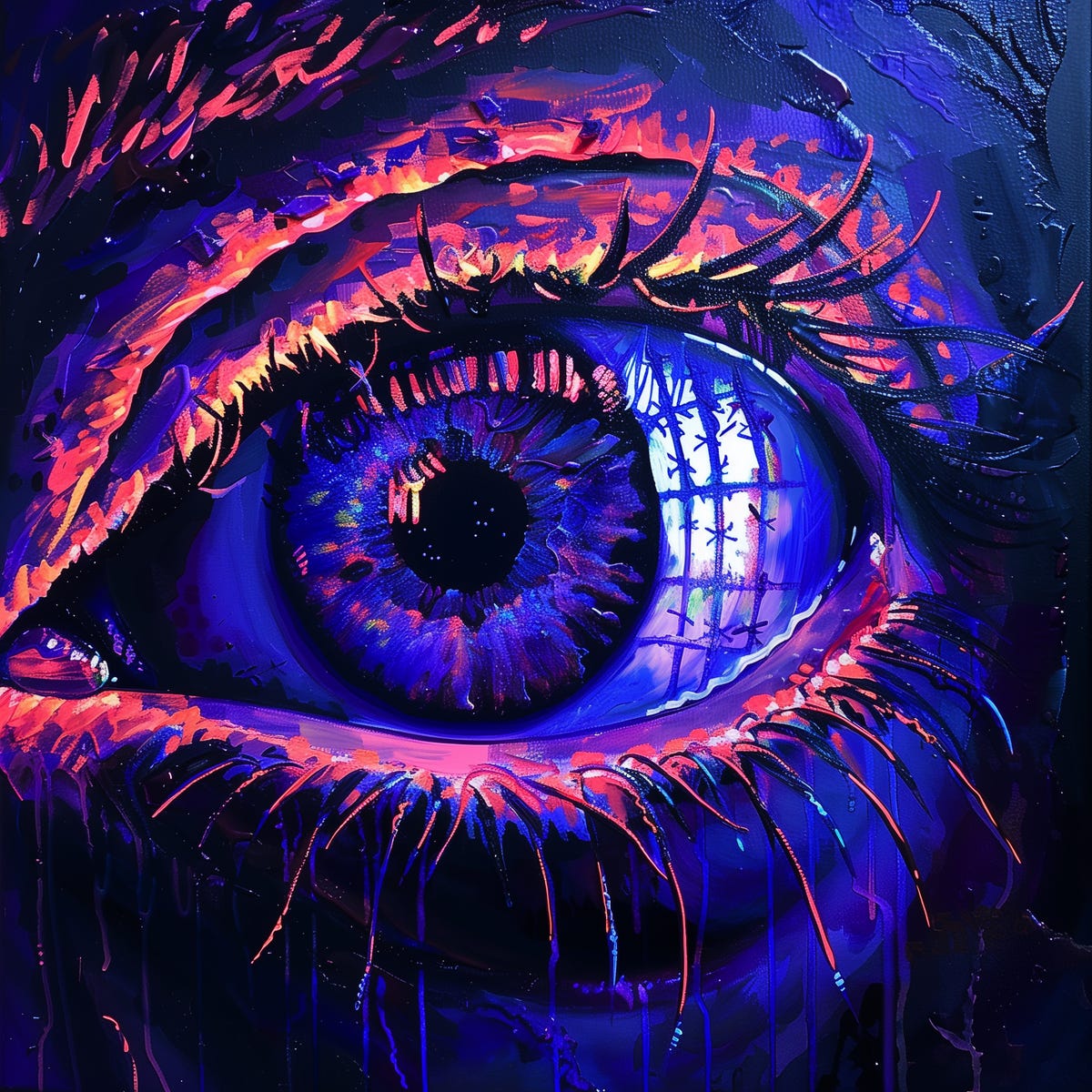 close up of an eye painted in blue, purple, and orange hues