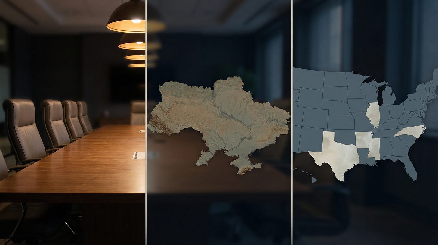 AI-generated illustration in three distinct panels side by side in a single wide image — first panel a formal cabinet room table, second panel a map outline of Ukraine with muted colors, third panel a U.S. map with three states faintly highlighted, symbolizing the three-bucket structure of Issue 4 in a single visual. AI-generated illustration in three distinct panels side by side in a single wide image — first panel a formal cabinet room table, second panel a map outline of Ukraine with muted colors, third panel a U.S. map with three states faintly highlighted, symbolizing the three-bucket structure of Issue 4 in a single visual.