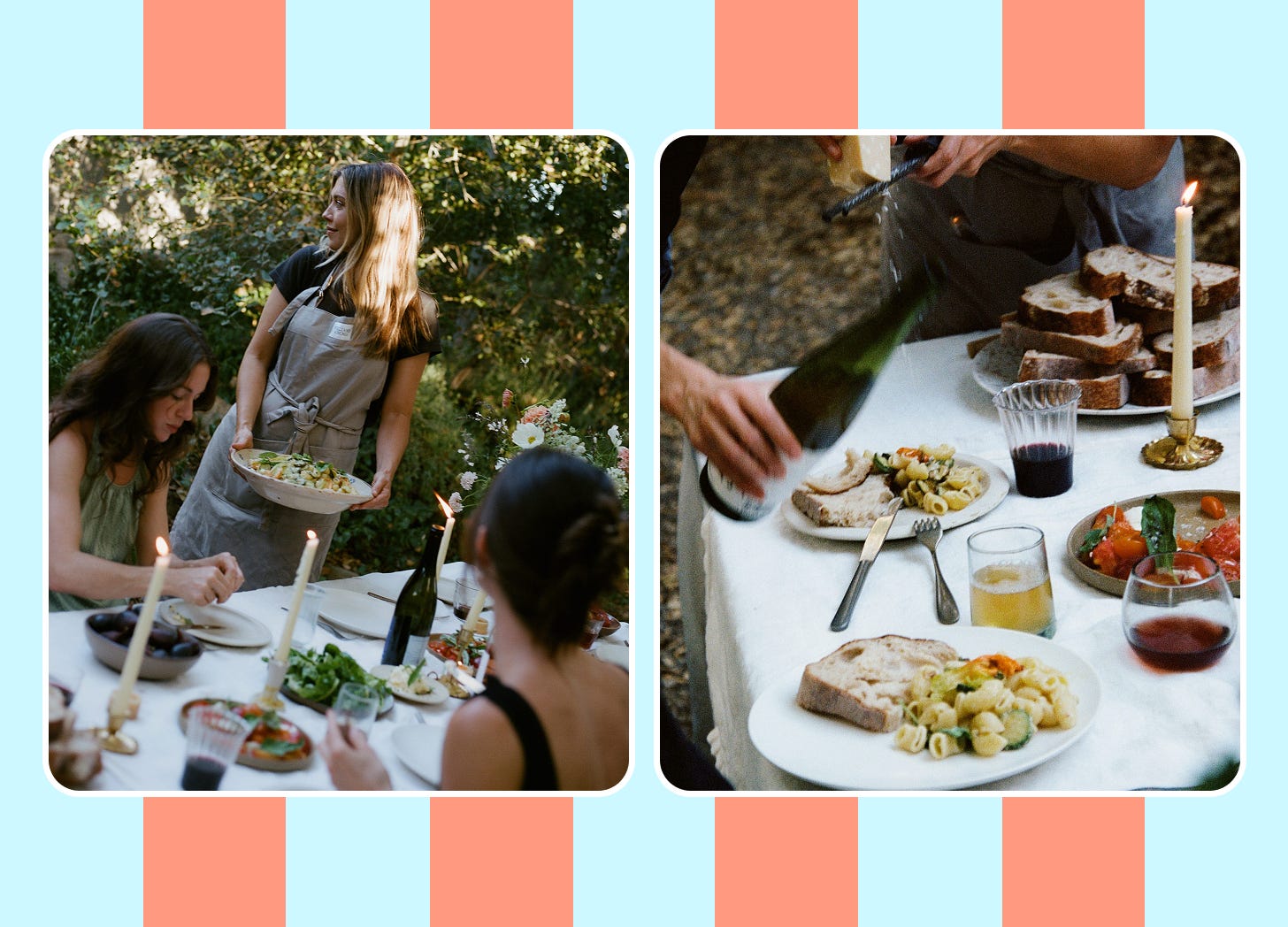 2 photographs against a blue and coral striped background showing women at a dinner party and a stylish tablescape