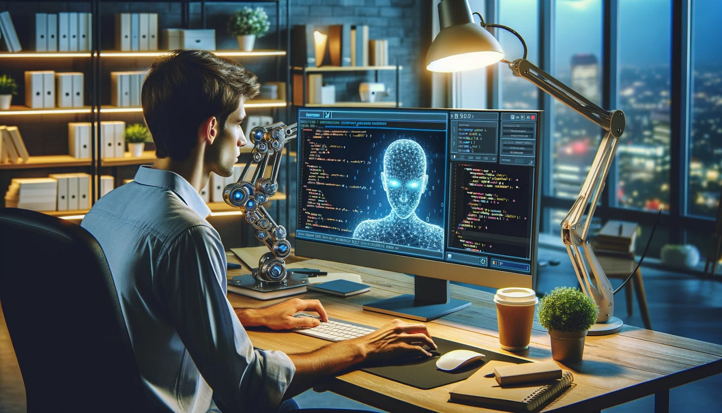 A programmer sitting at a desk, using a computer with an AI code generation model on the screen. The screen shows code being generated in real-time. The programmer is focused, with a cup of coffee next to the keyboard. The background includes typical office items like shelves with books, a potted plant, and a window with a cityscape view. The atmosphere is modern and tech-savvy, with a few LED lights adding a futuristic touch.