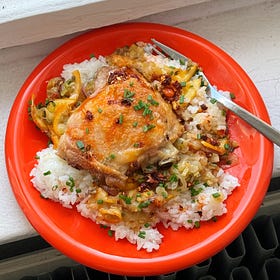 easy crispy chicken thighs with oranges and alliums