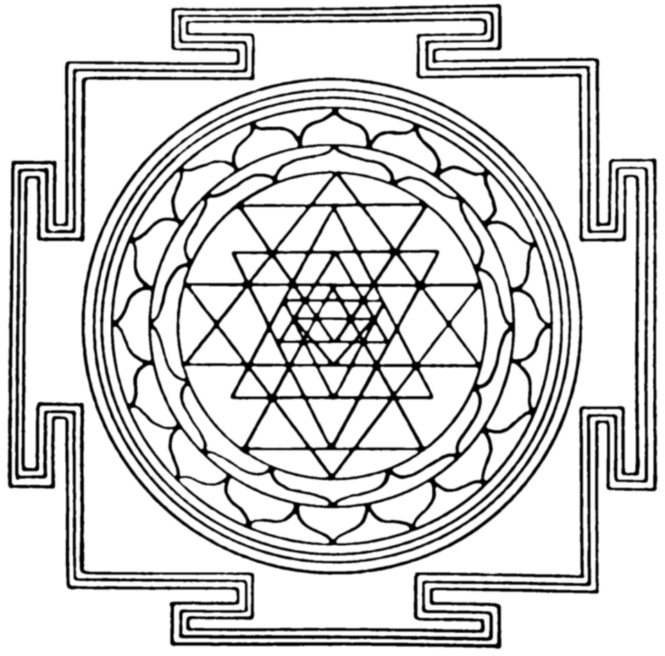 A diagramic drawing of the Sri Yantra, showing the outside square, with four T-shaped gates, and the central circle