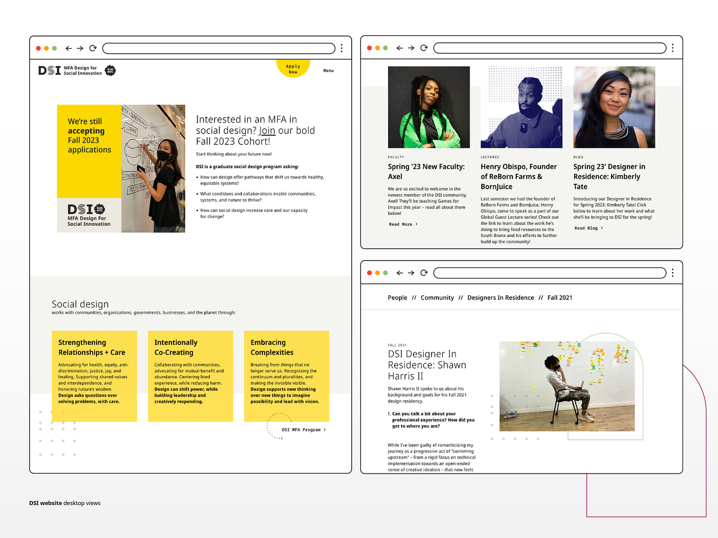 Mockups of DSI website including homepage, event, and blog