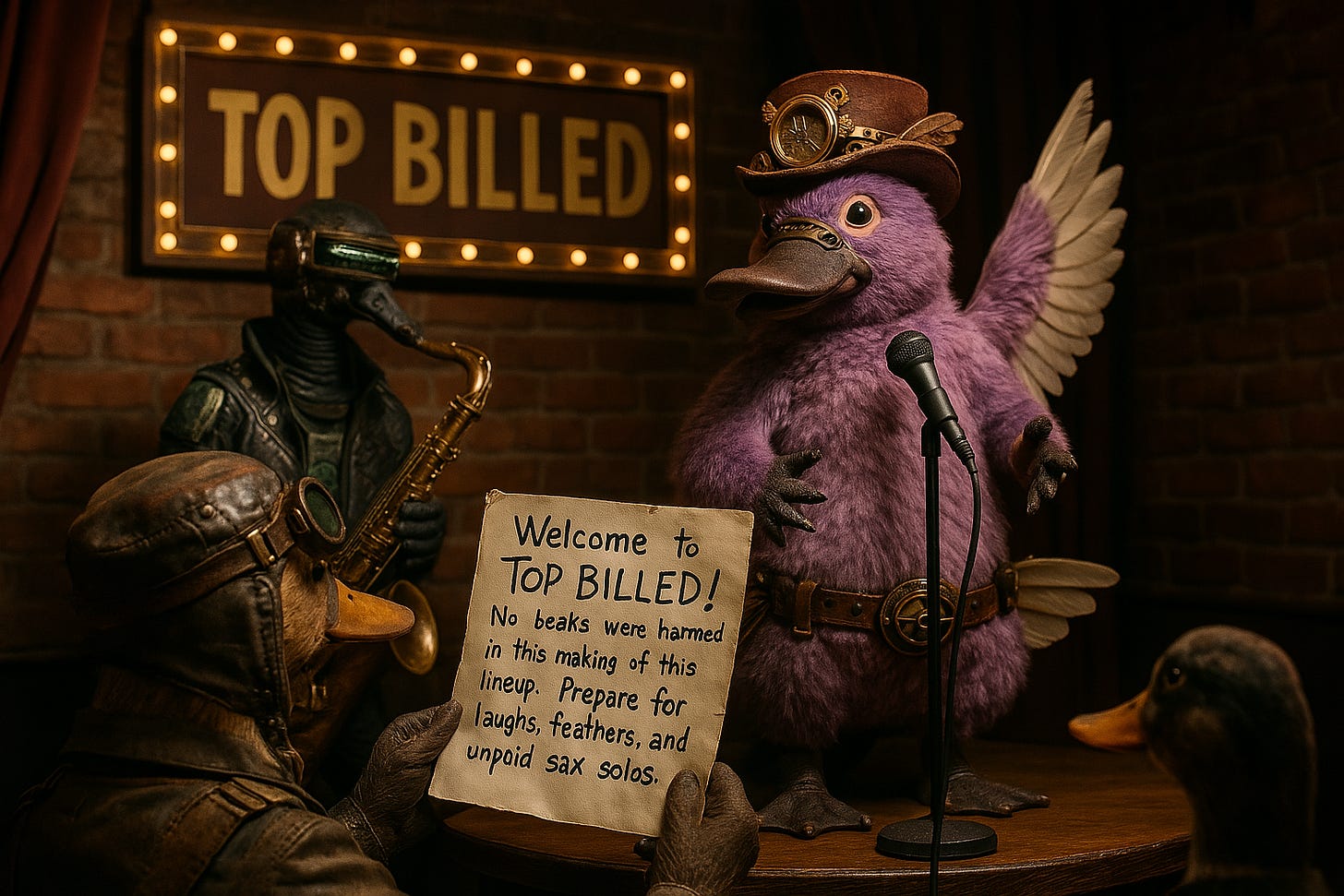 Photographic image of a steampunk platypus on stage by GPT-4o