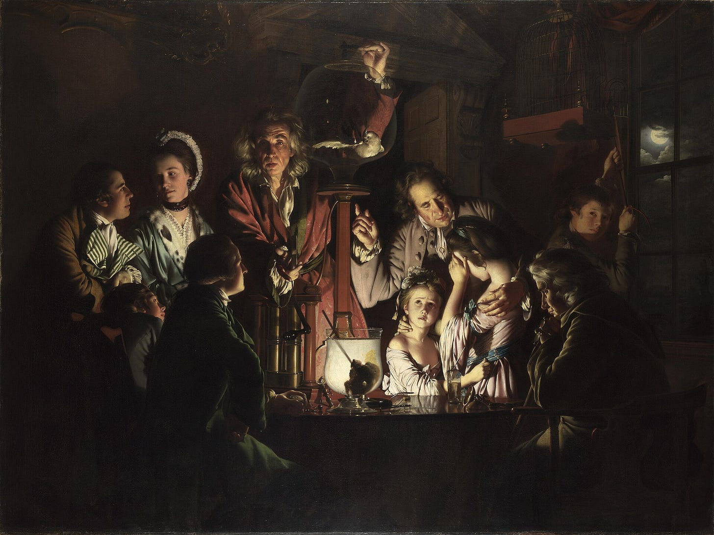 An Experiment on a Bird in the Air Pump: a candlelit crowd at a scientific demonstration where a bird is dying, and many cannot look. An Experiment on a Bird in the Air Pump: a candlelit crowd at a scientific demonstration where a bird is dying, and many cannot look.