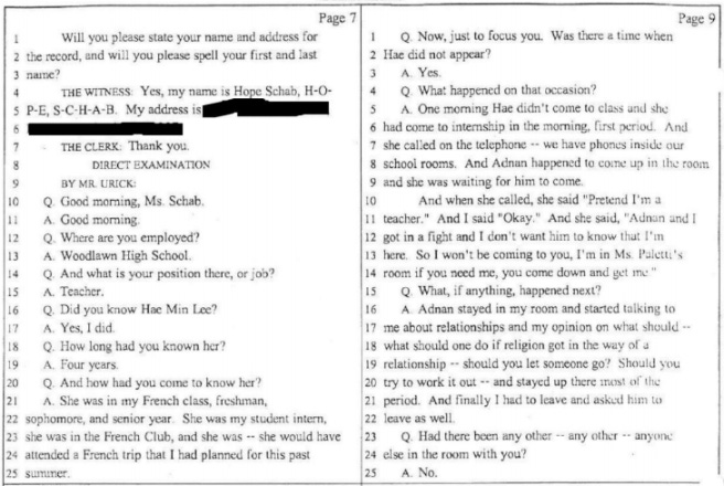 Teacher testimony transcript Hae hides from Adnan