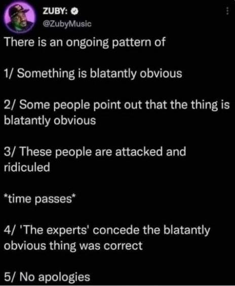 May be an image of text that says 'ZUBY: @ZubyMusic There is an ongoing pattern of 1/ Something is blatantly obvious 2/ Some people point out that the thing is blatantly obvious 3/ These people are attacked and ridiculed time passes 4/ 'The experts' concede the blatantly obvious thing was correct 5/ No apologies'