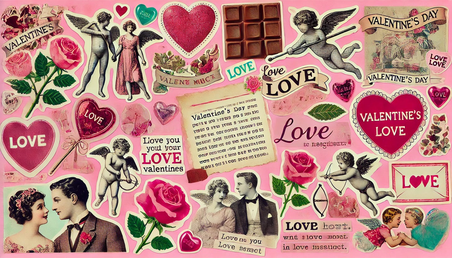 A collage-style digital artwork with a pink background, featuring various Valentine's Day and love-themed images that appear to be cut out from magazines. The collage includes hearts, roses, love letters, chocolates, a couple holding hands, a vintage cupid illustration, and romantic quotes in different fonts. The cut-out edges are slightly rough, giving it a handmade, scrapbook-like aesthetic.