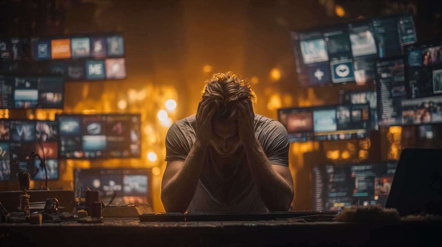 A developer sitting at a desk surrounded by floating holographic screens displaying different programming frameworks and logos