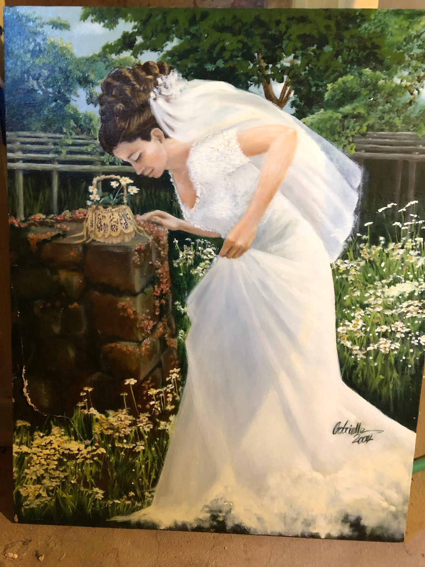 An image of a white woman bride bending to smell daisies in an outdoor field and an oil painting inspired by the photo
